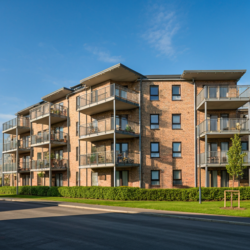 Exterior shot of a modern apartment complex with balconies
