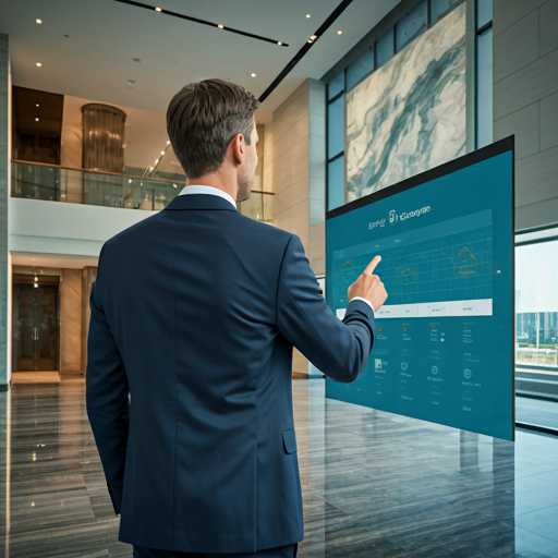 Property manager inside grand corporate lobby with digital screen