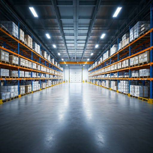 Vast, brightly lit industrial warehouse with clean floors