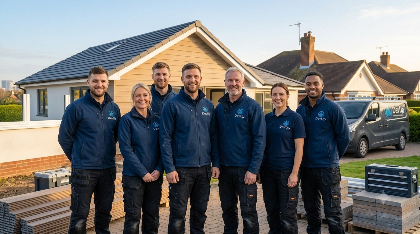 The DevUp team standing together in front of a residential property and branded van