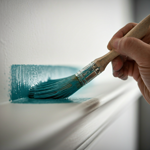Macro detail shot of a professional decorator applying a matte finish with a paintbrush