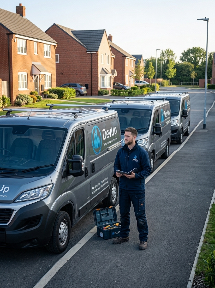A high-quality architectural photo of a corporate vehicle fleet parked outside a modern office building