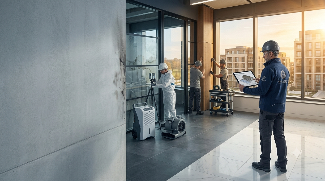 A cinematic architectural shot of a damaged luxury interior undergoing assessment