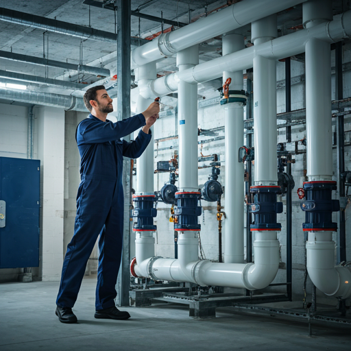 Technician in uniform inspecting hvac valves