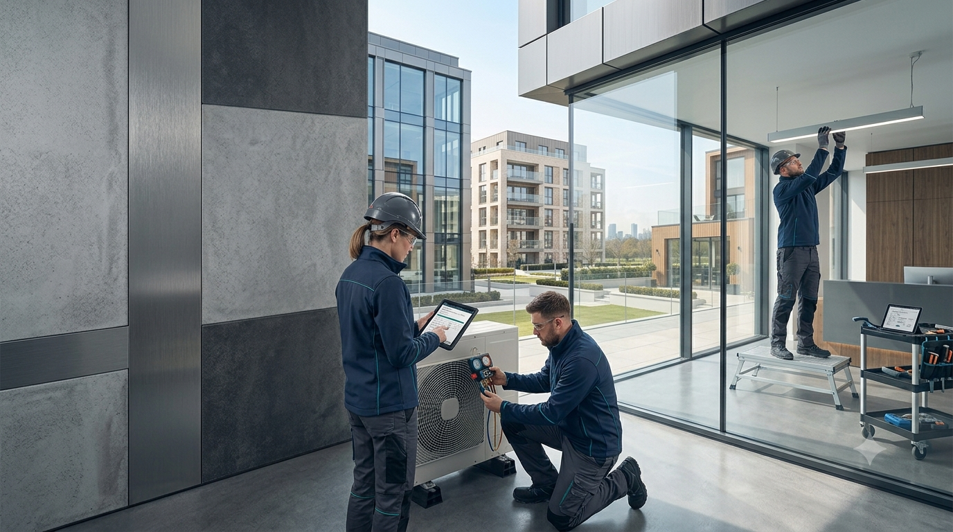 Cinematic shot of a sleek modern commercial office building reflecting clear blue sky