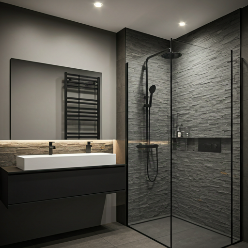 Minimalist luxury bathroom featuring matte black fixtures and slate tiles